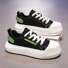 Men'S Summer Casual Low-Top Sneakers - Black & White with Green Accents, Breathable Fabric Lining, Durable Faux Sole, Lace-Up Round Toe Design for Casual Attire, Streetwear Shoes | Trendy Casual Shoes | Comfortable Footwear