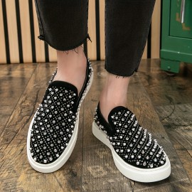 Trendy Men'S Faux Slip-On Sneakers with Sparkling Rhinestones - Stylish Black and White, Low Top, Casual Footwear for Nightlife and Casual Attire, Casual Footwear | Trendy Casual Shoes | Slipon Sneakers