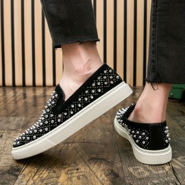 Men's Slip-On Rhinestone-Embellished Casual Shoes - Black & White Sparkle Low-Top Sneakers, Durable for Casual Attire & Parties