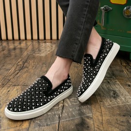 Men's Slip-On Rhinestone-Embellished Casual Shoes - Black & White Sparkle Low-Top Sneakers, Durable for Casual Attire & Parties