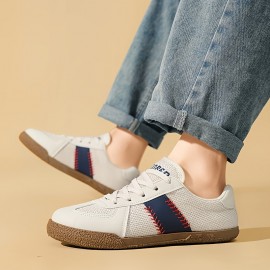 Men's Summer Casual Sneakers - Breathable Lightweight Low-Top Shoes with White & Brown Colorway, Fabric Upper & Rubber Sole for Sports, Vacation, Casual Attire, Sports Footwear | Street Style Shoes | Comfortable Insole