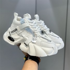 Men'S Stylish Black & White Chunky Platform Sneakers with Lace-Up Closure, Thick Cushioned Sole, and Bold 