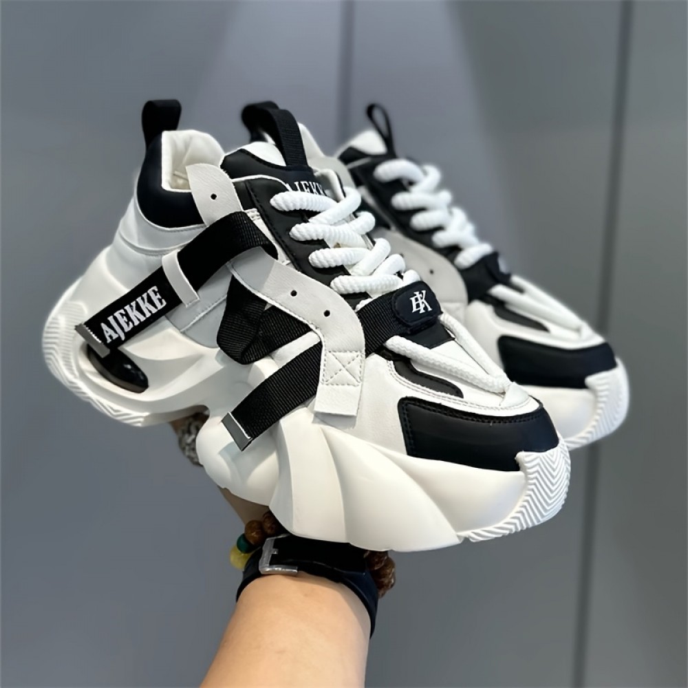 Men'S Stylish Black & White Chunky Platform Sneakers with Lace-Up Closure, Thick Cushioned Sole, and Bold 