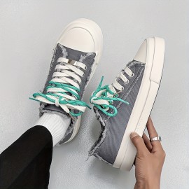 Men's Low-Top Canvas Skate Shoes - Black & White with Yellow Laces, Breathable Fabric Lining & Durable Rubber Sole, Lace-Up Round Toe Casual Sneakers for Streetwear, Sports, Daily Wear - All-Season Comfort