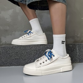 Men's Low-Top Canvas Skate Shoes - Black & White with Yellow Laces, Breathable Fabric Lining & Durable Rubber Sole, Lace-Up Round Toe Casual Sneakers for Streetwear, Sports, Daily Wear - All-Season Comfort