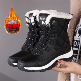 Women's Winter Snow Boots with Plush Collar & TPR Sole - Heavy-Duty Cold-Resistant Round-Toe Hiking Shoes, White & Black for Ice Traction, Warm Trekking Boots for Ice Skating, Snow Walking (Fashionable Outdoor Foot