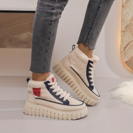 Women'S Winter Boots - High-Top Snow Boots with Thick Platform Sole, Beige/White/Red Accent - Cushioned EVA Outsole for Cold Weather, Slip-Resistant Traction - Warm Ankle Boots for Everyday & Formal Outfits - Easy-Clean Synthetic Cover Upper, Winter Shoes, Seasonal Footwear, Stylish Footwear, Comfortable Lining, Fashionconscious Women