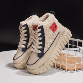 Women'S Winter Boots - High-Top Snow Boots with Thick Platform Sole, Beige/White/Red Accent - Cushioned EVA Outsole for Cold Weather, Slip-Resistant Traction - Warm Ankle Boots for Everyday & Formal Outfits - Easy-Clean Synthetic Cover Upper, Winter Shoes, Seasonal Footwear, Stylish Footwear, Comfortable Lining, Fashionconscious Women