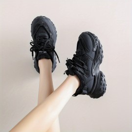 [Chunky Platform Sneakers] Women's Chunky Platform Sneakers - Slip-Resistant Non-Slip Sole, Thick Cushioned Shoes for Height Increase & Everyday Comfort - All-Season Casual Sneakers - Black -like Upper (FB9912) - Ideal for Running, Gym, Office, Casual Attire, Ladies Sneakers, Gym Footwear, Modern Design, Comfortable Fit, Urban Style