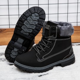 Women's Winter Boots with Collar & Thick PU Sole - Round Toe Snow Boots for Ice, Snow & Slush, Beige/Tan Lacing-Up Ankle Boots, Warm Round-Toe Traction Tires (No Calf Restriction) - Cold Weather Footwear
