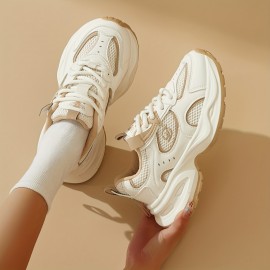 Women'S Breathable Mesh Running Sneakers with Thick Cushioned Platform Sole for Height Increase - Lightweight All-Season Casual Shoes, Grey & Pink Accents, Rubber Outsole, Fabric Lining, Sneakers