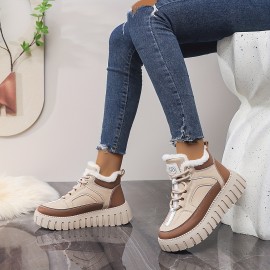 Women'S High-Top Winter Snow Boots with Thick Cushioned EVA Sole & Lace-Up Closure - PU Upper, Breathable Fabric Lining, Beige/White Casual Shoes for Casual Attire, Snowy Weather Footwear, Secure Laceup Footwear