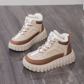 Women'S High-Top Winter Snow Boots with Thick Cushioned EVA Sole & Lace-Up Closure - PU Upper, Breathable Fabric Lining, Beige/White Casual Shoes for Casual Attire, Snowy Weather Footwear, Secure Laceup Footwear