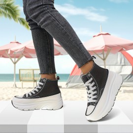 Women'S Platform Wedge Sneakers - Thick Cushioned Sole for Height & Support, All-Season Outdoor Walking Shoes with Synthetic Synthetic Faux Leather Upper, Durable PVC Outsole & EVA Insole - Black & White Casual Sneakers, Ladies Sneakers, Comfortable Footwear, Modern Footwear, Fabric Lined Interior, Supportive Footwear, Sporty Design, Breathable Fabric, Lifestyle