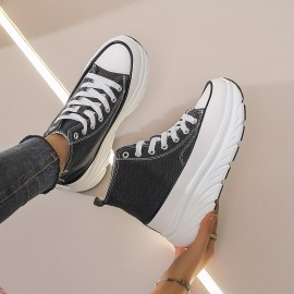 Women'S Platform Wedge Sneakers - Thick Cushioned Sole for Height & Support, All-Season Outdoor Walking Shoes with Synthetic Synthetic Faux Leather Upper, Durable PVC Outsole & EVA Insole - Black & White Casual Sneakers, Ladies Sneakers, Comfortable Footwear, Modern Footwear, Fabric Lined Interior, Supportive Footwear, Sporty Design, Breathable Fabric, Lifestyle