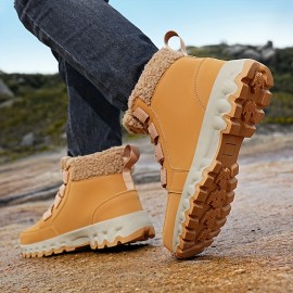 Women's Winter Boots with -Like Collar & Traction TPR Sole - Thick Warm PU Snow, Beige/ Brown Round Toe for Ice, Snow & Slush - Cold Weather Footwear (No s)