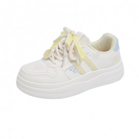 Women's White Sneakers Korean Style Chunky Round-Toe with Pastel Blue Laces & Heart Charm - Upper, Cushioned Insole, All-Season Casual Sports Shoes for School, Streetwear, Everyday Outfits - N8001 Model