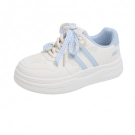 Women's White Sneakers Korean Style Chunky Round-Toe with Pastel Blue Laces & Heart Charm - Upper, Cushioned Insole, All-Season Casual Sports Shoes for School, Streetwear, Everyday Outfits - N8001 Model