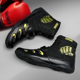 [Boxing Shoes] Breathable High-Top Boxing Training Shoes | Non-Slip Rubber Sole, Lace-Up Sports Boots for Gym & Martial Arts - Black with Red Accents
