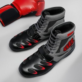 [Boxing Shoes] Breathable High-Top Boxing Training Shoes | Non-Slip Rubber Sole, Lace-Up Sports Boots for Gym & Martial Arts - Black with Red Accents