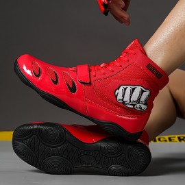 [Boxing Shoes] Breathable High-Top Boxing Training Shoes | Non-Slip Rubber Sole, Lace-Up Sports Boots for Gym & Martial Arts - Black with Red Accents