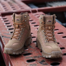 Men's All-Season Heavy-Duty Outdoor Hiking Boots with Thick Sole, Rugged Traction Tread & Muck-Resistant Design - Beige/Tan Mid-Calf Trekking Boots for Camping, Hunting,, (Adjustable, All-Terrain)