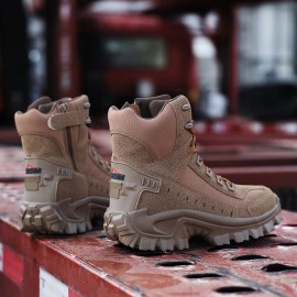 Men's All-Season Heavy-Duty Outdoor Hiking Boots with Thick Sole, Rugged Traction Tread & Muck-Resistant Design - Beige/Tan Mid-Calf Trekking Boots for Camping, Hunting,, (Adjustable, All-Terrain)