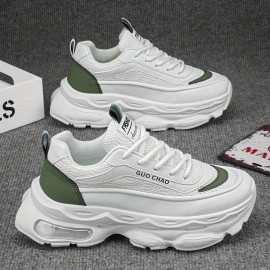 Men's Sneakers - White/Green Accents, Breathable Running Shoes with Thick Cushioned Sole, PU/Rubber Outsole for Gym, Jogging, Everyday - Low-Top Design for Secure fit & All-Day Comfort, Gym Footwear, Geometric Pattern, Supportive Insole, Lightweight Sneakers, Fitness Enthusiasts
