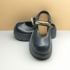 Women'S French-Inspired Slip-On Mary Jane Shoes with Metallic Buckle - Soft Synthetic Cover, Round Toe & Cushioned Insole, All-Season Casual Comfort for Casual Attire, Ladies Shoes