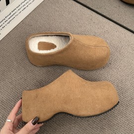 Women's Winter Warm Slip-On High-Heel Slippers with Thick  Sole - Solid Color All-Weather Outdoor/ Footwear, Hand Washable Fabric Upper & for Cold Weather - Stylish Cold-Resistant Heels