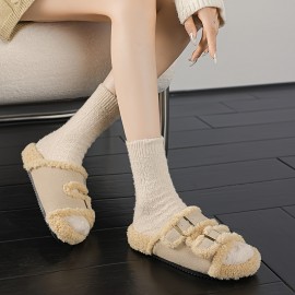 Women'S Plush Fleece Slippers with Adjustable Straps - Soft Indoor House Shoes, Non-Slip Rubber Sole, Cozy Warm Winter Footwear for Home & Office, Black & White Design, Cute Slippers, Indoor Footwear, Stylish Slipon, Durable Traction Footwear, Home Comfort, Minimalist Design, Comfortable Lining, Comfort Seekers