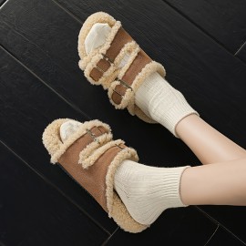 Women'S Plush Fleece Slippers with Adjustable Straps - Soft Indoor House Shoes, Non-Slip Rubber Sole, Cozy Warm Winter Footwear for Home & Office, Black & White Design, Cute Slippers, Indoor Footwear, Stylish Slipon, Durable Traction Footwear, Home Comfort, Minimalist Design, Comfortable Lining, Comfort Seekers