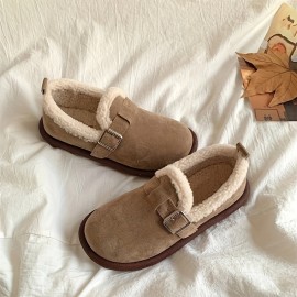 Women's Fleece-Lined Slip-On Moccasin-Style Loafers - Soft EVA All-Season Warm Winter Shoes with Arch & Buckle Strap, Cozy Fuzzy Lining, Hand Washable - Solid Color (Brown/Tan/Black/White) - Casual & Semi-Formal Footwear - New Design, Faux Fur Trim, Lightweight & Durable EVA Material, Slip-On Comfort, Suitable for Jeans & Dresses, Year-Round Wear, Warm Shoes for Women, Womens Slippers with Arch, for Women Comfortable, House Indoor Slippers,
