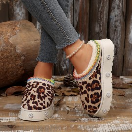 [Leopard House Slippers] Women's Cozy Fleece Slippers | Warm Winter Boots with Thick Rubber Sole, Soft Fabric Lining, Colorful Accents | Stylish Slipon Boots for Home or Outdoor