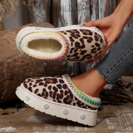 [Leopard House Slippers] Women's Cozy Fleece Slippers | Warm Winter Boots with Thick Rubber Sole, Soft Fabric Lining, Colorful Accents | Stylish Slipon Boots for Home or Outdoor
