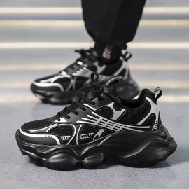 Men'S Fashion Black Platform Sneakers - Breathable Mesh and Durable EVA Sole with Cushioned Insole, Shock-Absorbing Running Shoes for All-Season Casual and Sports Wear, Men'S Low-Top Lace-Up Outdoor Dad Shoes in Black, Outdoor Walking, Active Lifestyle, Sporty Look, Stylish Footwear, Lightweight Construction, Comfortable Fit, Versatile Footwear, Fitness Enthusiasts, Active Men