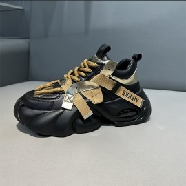 Men'S Stylish Black & White Chunky Platform Sneakers with Lace-Up Closure, Thick Cushioned Sole, and Bold 
