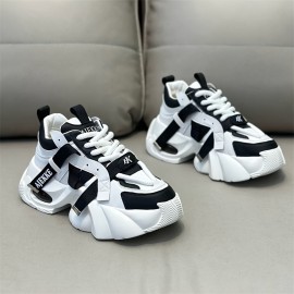 Men'S Stylish Black & White Chunky Platform Sneakers with Lace-Up Closure, Thick Cushioned Sole, and Bold 
