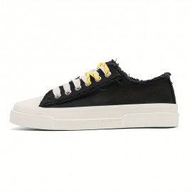 Men's Low-Top Canvas Skate Shoes - Black & White with Yellow Laces, Breathable Fabric Lining & Durable Rubber Sole, Lace-Up Round Toe Casual Sneakers for Streetwear, Sports, Daily Wear - All-Season Comfort