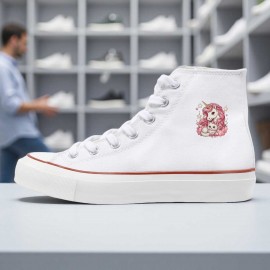 1pc High-Top Canvas Sneakers - Black with White Laces, Floral Pattern, Casual & Sporty Style, All-Season Wear, Lace-Up Closure, Rubber Sole, EVA Insole, Perfect for Hiking, Running & Everyday Use, Casual Footwear | Floral Pattern Sneakers | Durable Footwear