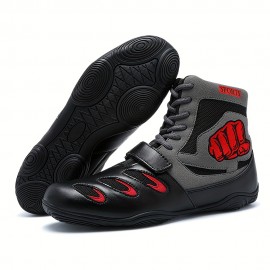 [Boxing Shoes] Breathable High-Top Boxing Training Shoes | Non-Slip Rubber Sole, Lace-Up Sports Boots for Gym & Martial Arts - Black with Red Accents