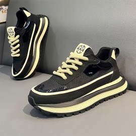 Men'S Chunky Platform Sneakers - Thick Cushioned Sole for Height Increase, Breathable Mesh Upper, Lace-Up Closure, Non-Slip PVC Outsole - Lightweight Sneakers for Gym, Streetwear, Everyday - Black/White/ - Spring/Fall/Summer Casual Shoes, Gym Footwear, Sporty Look, Comfortable Fit, Streetwear Footwear, Trendy Footwear, Durable Construction, Versatile Footwear, Active Lifestyle