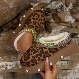 [Leopard House Slippers] Women's Cozy Fleece Slippers | Warm Winter Boots with Thick Rubber Sole, Soft Fabric Lining, Colorful Accents | Stylish Slipon Boots for Home or Outdoor