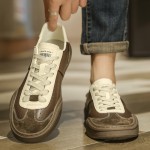 [Breathable Sneakers] Breathable Men's Slip-On Casual Sneakers | Low-Top Brown & White Colorway, PU Upper, Rubber Sole Comfortable Walking Shoes for Casual Attire, Classic Laceup Style | Durable Traction Footwear