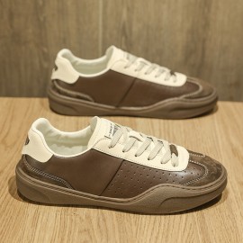 [Breathable Sneakers] Breathable Men's Slip-On Casual Sneakers | Low-Top Brown & White Colorway, PU Upper, Rubber Sole Comfortable Walking Shoes for Casual Attire, Classic Laceup Style | Durable Traction Footwear