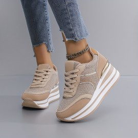 [slope heel thick-soled shoes] Women's casual sneakers | outdoor slope heel, thick-soled, off-road running shoes, female student shoes, all seasons, black, Silvery gray, khaki