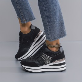 [slope heel thick-soled shoes] Women's casual sneakers | outdoor slope heel, thick-soled, off-road running shoes, female student shoes, all seasons, black, Silvery gray, khaki