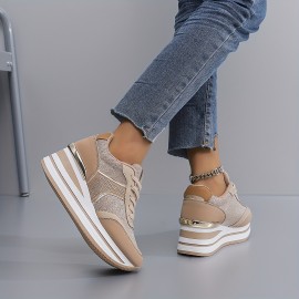 [slope heel thick-soled shoes] Women's casual sneakers | outdoor slope heel, thick-soled, off-road running shoes, female student shoes, all seasons, black, Silvery gray, khaki