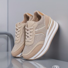 [slope heel thick-soled shoes] Women's casual sneakers | outdoor slope heel, thick-soled, off-road running shoes, female student shoes, all seasons, black, Silvery gray, khaki