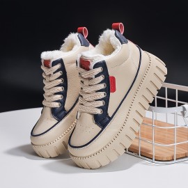 Women's High Quality Winter Snow Boots - Faux Fur Trim & EVA Cushioned Platform Moccasin-Style Lace-Up Ankle Boots with Arch, Multi-Color Options (Beige/Navy/Black/White) - Solid Color with White Laces & Red/Blue Trim, Soft Fabric Lining & Arch for Winter, Solid Upper & EVA Sole, Suitable for Ice & Snow - Casual & Semi-Formal Wear, Winter Boots for Women High Quality, Shiny Black Winter Boots with Beige Plush Lining Women, Snow Shoes, Lightweight Winter Shoes for Women,